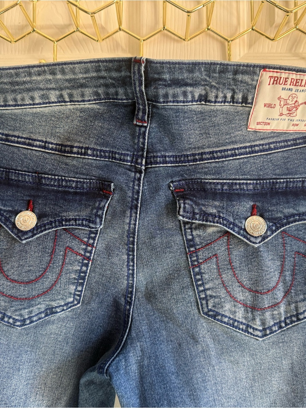 True Religion Women's Blue Denim Bootcut Jeans with Red Stitching